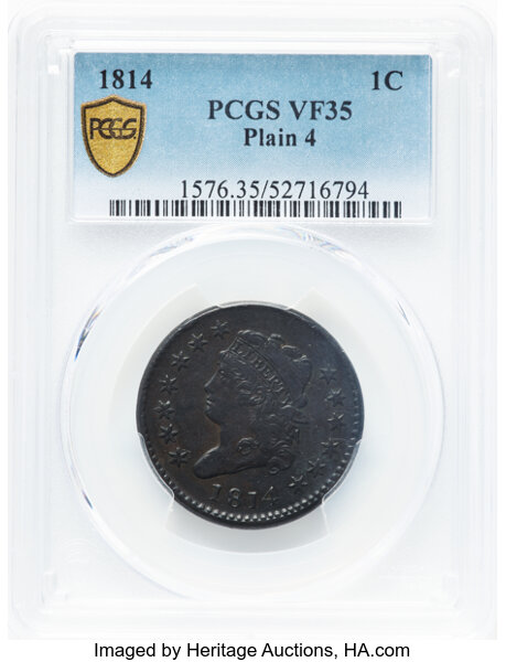image for: 1814 1C Plain 4, S-295, B-2, R.1, VF35 PCGS....