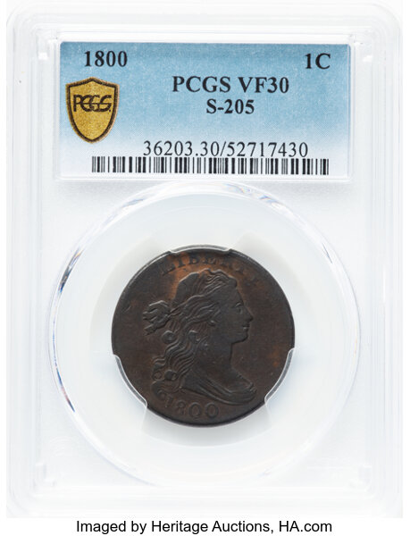 image for: 1800 Normal Date, S-205  1c PCGS VF30 BN
