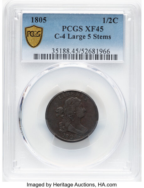image for: 1805 1/2 C Large 5, Stems, C-4, B-4, R.2, XF45 PCGS....