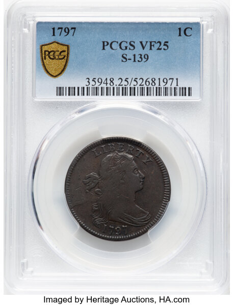 image for: 1797 1C Reverse of 1797, Stems, S-139, B-21, R.1, VF25 PCGS. PCGS Population: (1/9)....