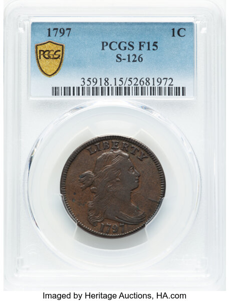 image for: 1797 1C Reverse of 1797, Stems, S-126, B-16, R.3, Fine 15 PCGS. PCGS Population: (2/11 and 0/1+)....