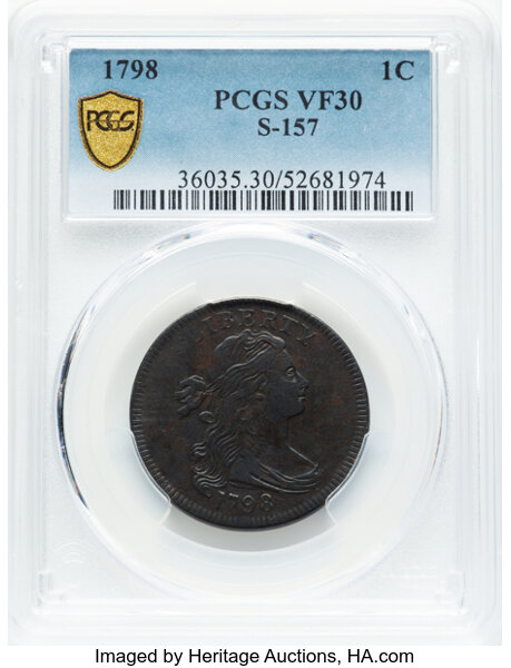 image for: 1798 1C First Hair Style, S-157, B-15, R.2, VF30 PCGS. PCGS Population: (1/9 and 0/0+)....