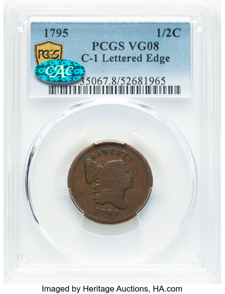 image for: 1795 1/2 C Lettered Edge, C-1, B-1, R.2, VG8 PCGS. CAC. PCGS Population: (2/21 and 0/1+). CAC Population: (1/7). Mintage 13...