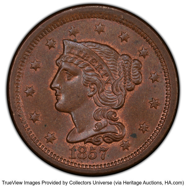 image for: 1857 1C Small Date, N-2, R.1, MS64 Brown PCGS. CAC. CAC Population: (22/6)....