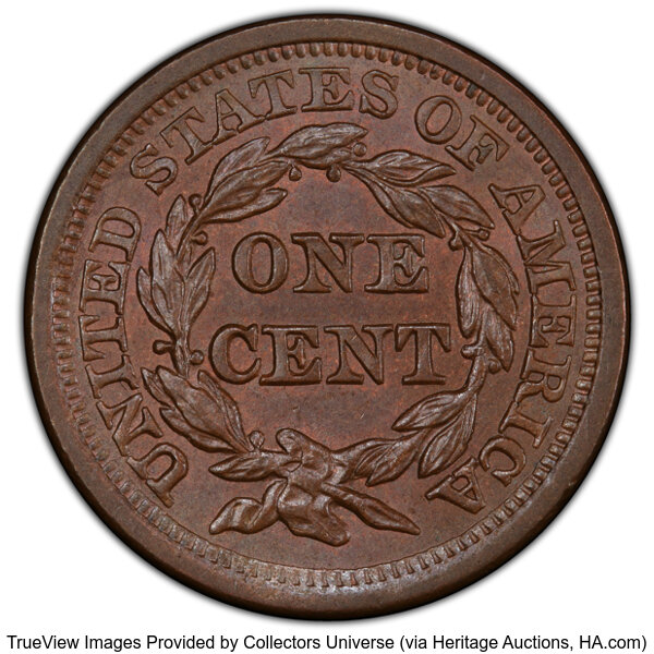 image for: 1857 1C Small Date, N-2, R.1, MS64 Brown PCGS. CAC. CAC Population: (22/6)....