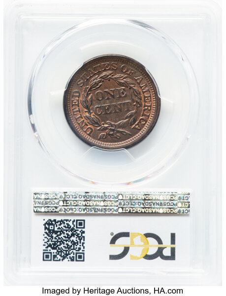 image for: 1856 1C Slanted 5, N-1, R.1, MS64 Brown PCGS. CAC. CAC Population: (26/29)....