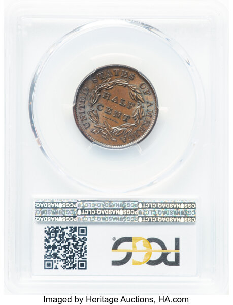 image for: 1835 1/2 C C-1, B-1, R.1, MS63 Brown PCGS. CAC. CAC Population: (24/59). Mintage 398,000....