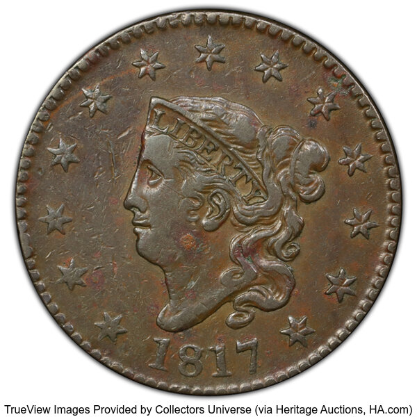 image for: 1817 1C 13 Stars, N-17, R.4, VF35 PCGS. PCGS Population: (44/462 and 0/11+).  Mintage 3,948,400....