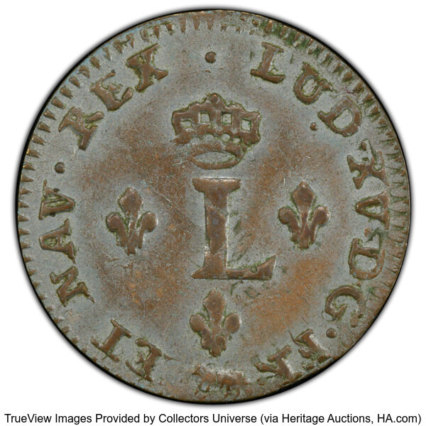 image for: 1755-A French Colonies Sou Marque AU55 PCGS. Vlack-35a, R.4. PCGS Population: (29/30 and 0/0+)....