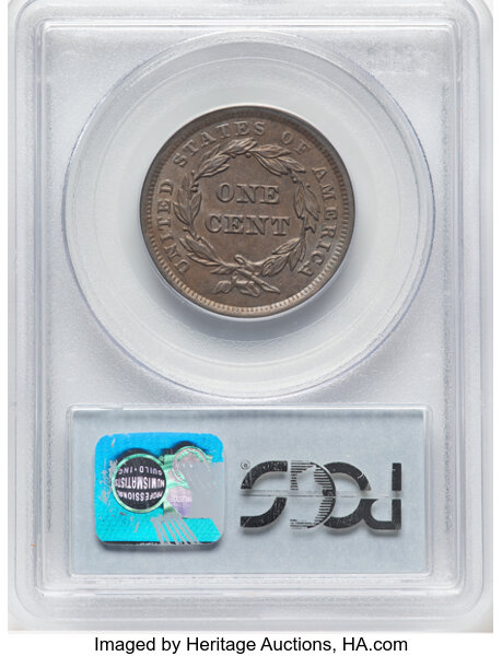 image for: 1843 1C Petite Head, Small Letters, N-9, R.2, MS63 Brown PCGS. PCGS Population: (24/33).  Mintage 2,425,342....