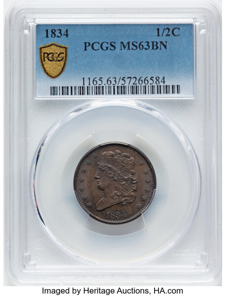 image for: 1834 C-1 1/2c PCGS MS63 BN