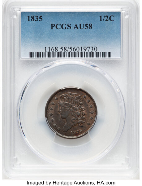image for: 1835 1/2 C C-1, B-1, R.1, AU58 PCGS.  Mintage 398,000....