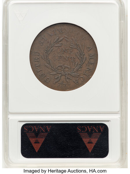image for: 1794 1C Head of 1794, Bent Lock, S-22, B-6, R.1, VF30 ANACS. Housed in a small-sized holder.  Mintage 918,521....