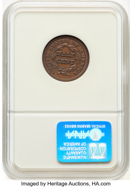 image for: 1849 1/2 C C-1, B-4, R.2, MS63 Brown NGC.  Mintage 39,864....