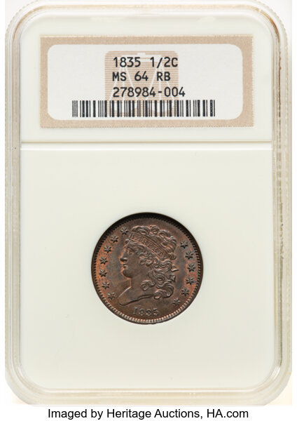 image for: 1835 1/2 C C-2, B-2, R.1, MS64 Red and Brown NGC. Housed in a Generation 6 fatty holder. CDN: $1,000 Whsle. Bid for NGC/PCG...