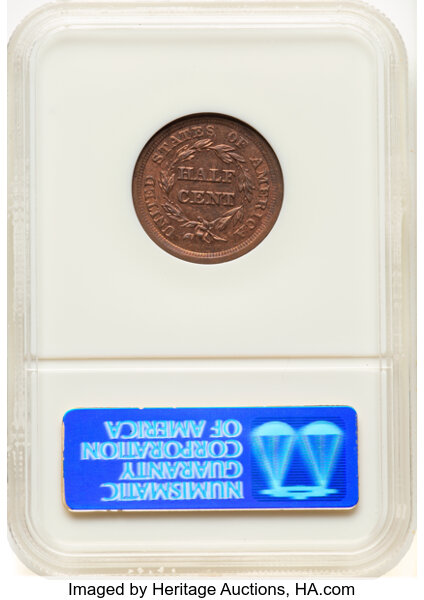 image for: 1855 1/2 C C-1, B-1, R.1, MS60 Red NGC. Housed in a Generation 6 fatty holder. 56,500....