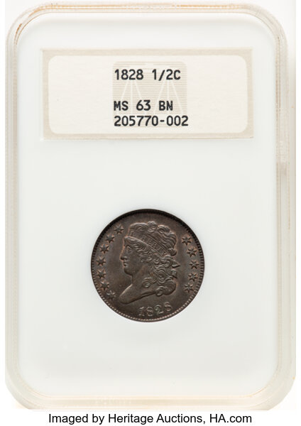 image for: 1828 1/2 C 12 Stars, C-2, B-3, R.2, MS63 Brown NGC. Housed in a Generation 5 fatty holder. Mintage 606,000....
