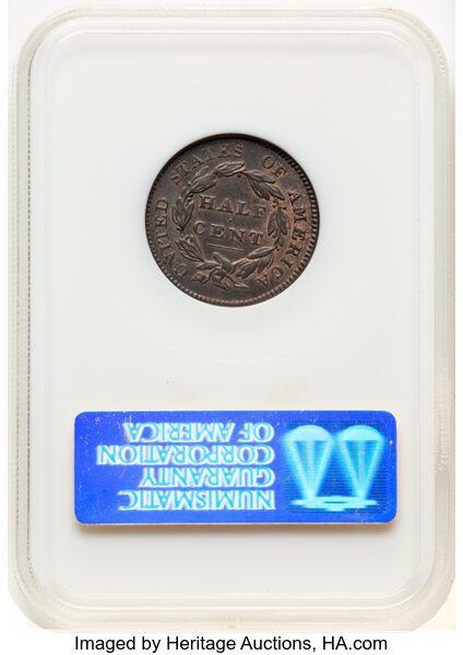 image for: 1828 1/2 C 12 Stars, C-2, B-3, R.2, MS63 Brown NGC. Housed in a Generation 5 fatty holder. Mintage 606,000....