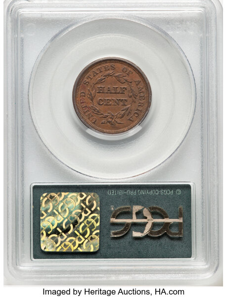 image for: 1850 1/2 C C-1, B-1, R.2, MS62 Brown PCGS. Housed in a Generation 3.1 green label holder. PCGS Population: (3/4). CDN: $1,5...
