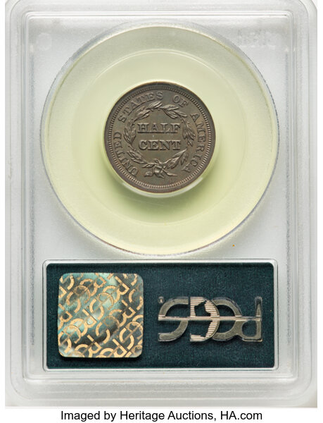 image for: 1854 1/2 C C-1, B-1, R.1, MS62 Brown PCGS. Housed in a Generation 3.0 green label holder. PCGS Population: (0/2). CDN: $230...