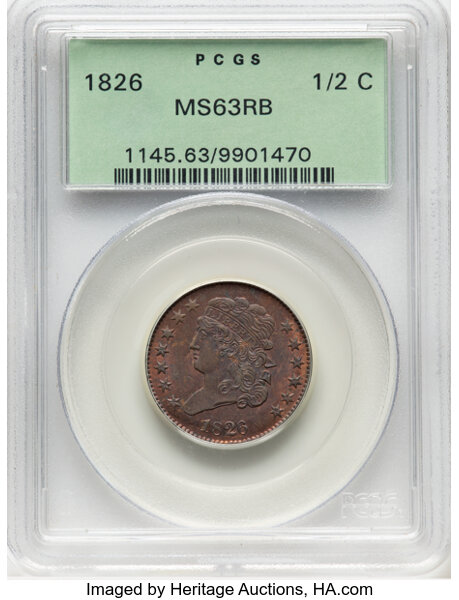 image for: 1826 1/2 C C-1, B-1, R.1, MS63 Red and Brown PCGS. Housed in a Generation 3.1 green label holder. PCGS Population: (2/2). C...