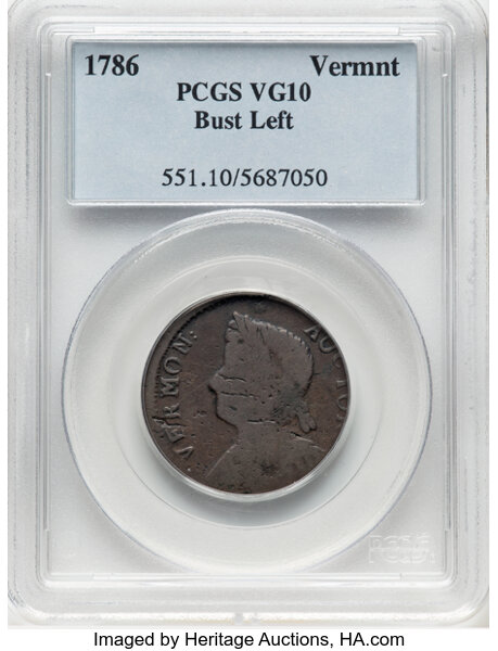 image for: 1786 Vermont Copper, Bust Left, RR-10, Bressett 8-G, W-2045, R.4, VG10 PCGS. PCGS Population: (0/5)....