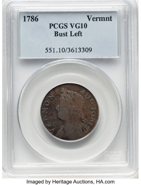 image for: 1786 Vermont Copper, Bust Left, RR-11, Bressett 9-H, W-2050, High R.4, VG10 PCGS. PCGS Population: (3/4)....