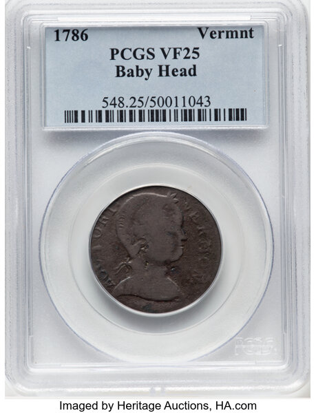 image for: 1786 Vermont Copper, Baby Head, RR-9, Bressett 7-F, W-2040, R.3, VF25 PCGS. PCGS Population: (1/4)....