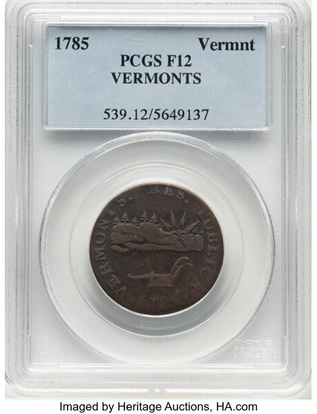 image for: 1785 Vermont Copper, VERMONTS, RR-2, Bressett 1-A, W-2005, R.2, Fine 12 PCGS. PCGS Population: (1/12)....