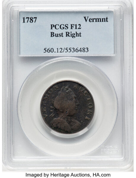 image for: 1787 Vermont Copper, Bust Right, RR-12, Bressett 11-K, W-2110, R.3, Fine 12 PCGS. PCGS Population: (1/10)....