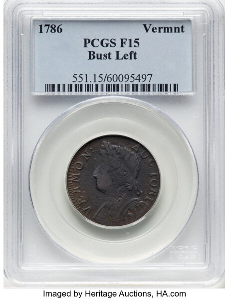 image for: 1786 Vermont Copper, Bust Left, RR-11, Bressett 9-H, W-2050, High R.4, Fine 15 PCGS. PCGS Population: (0/4)....