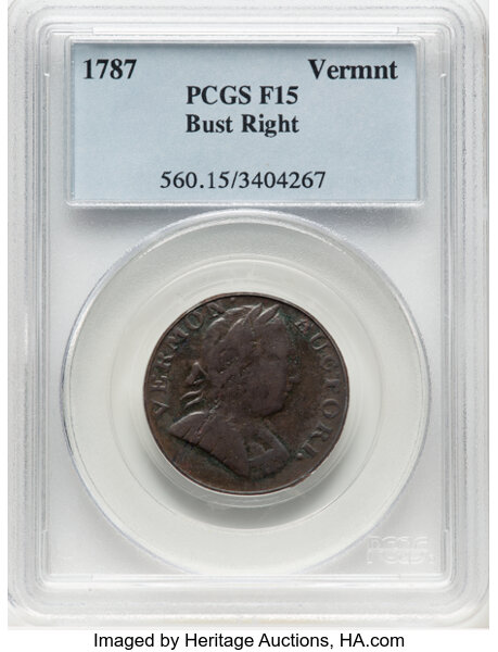image for: 1787 Vermont Copper, Bust Right, RR-14, Bressett 10-K, W-2105, R.3, Fine 15 PCGS. PCGS Population: (5/12)....