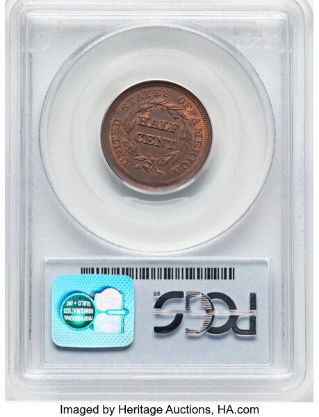 image for: 1856 1/2 C C-1, B-2a, R.1, MS64 Red and Brown PCGS. PCGS Population: (5/1).  Mintage 40,430....