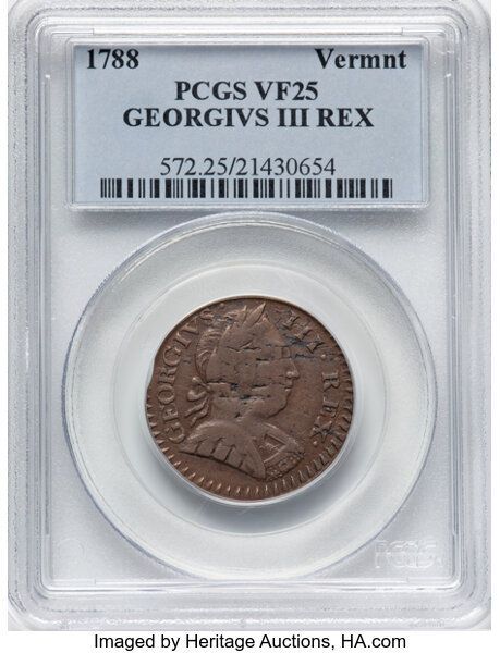 image for: 1788 Vermont Copper, GEORGIVS III REX, RR-31, Vlack 22-88VT, Bressett 24-U, Miller 100-I, W-2260, W-8090, R.4, VF25 PCGS. PC...