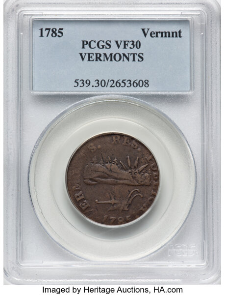 image for: 1785 Vermont Copper, VERMONTS, RR-2, Bressett 1-A, W-2005, R.2, VF30 PCGS. PCGS Population: (0/8)....