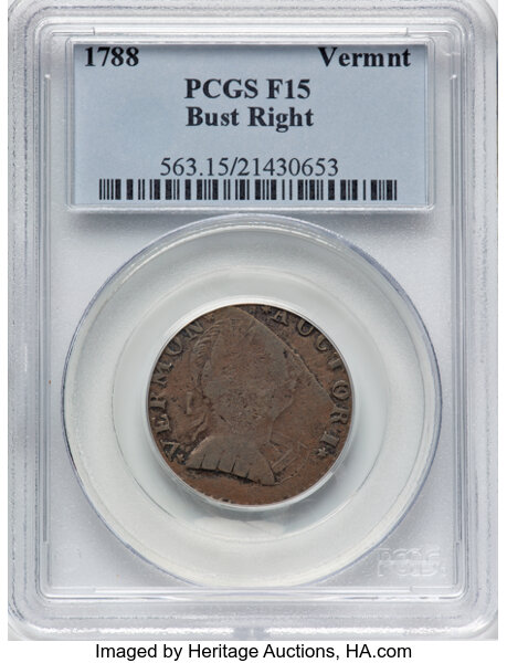 image for: 1788 Vermont Copper, Bust Right, RR-29, Bressett 22-U, W-2220, R.5, Fine 15 PCGS. PCGS Population: (2/4)....