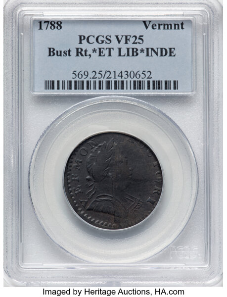 image for: 1788 Vermont Copper, ET LIB INDE, RR-18, Bressett 19-X, W-2135, R.5, VF25 PCGS. PCGS Population: (2/5)....
