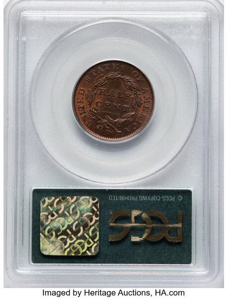 image for: 1834 1/2 C MS64 Red and Brown PCGS. CAC. Eliasberg. Incorrectly designated by PCGS as an 1834 cent. Housed in a Generation ...