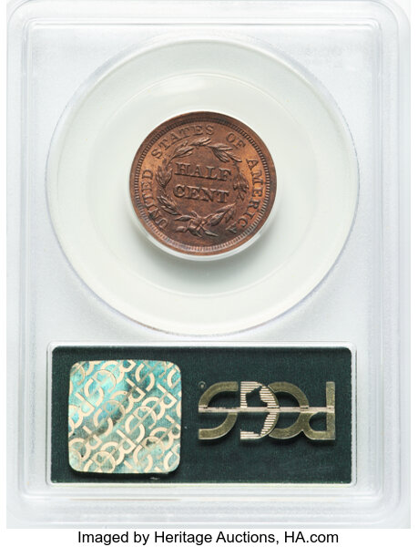 image for: 1857 1/2 C C-1, B-1, R.2, MS63 Red and Brown PCGS. Housed in a Generation 3.0 green label holder. PCGS Population: (100/57)...