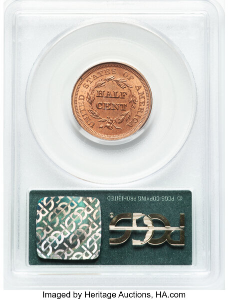 image for: 1856 1/2 C C-1, B-2a, R.1, MS63 Red PCGS. CAC. Housed in a Generation 3.1 green label holder. PCGS Population: (4/12). CAC ...