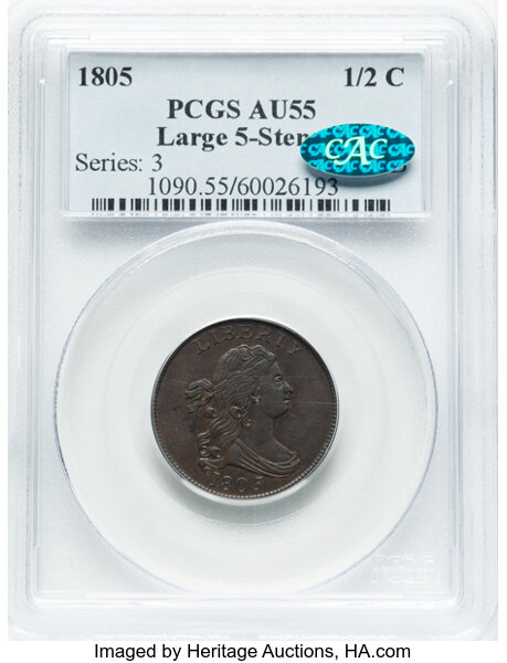 image for: 1805 1/2 C Large 5, Stems, C-4, B-4, R.2, AU55 PCGS. CAC....