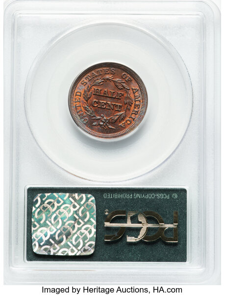 image for: 1853 1/2 C C-1, B-1, R.1, MS63 Red and Brown PCGS. Housed in a Generation 3.1 green label holder. PCGS Population: (19/40)....