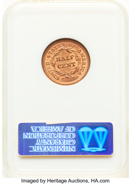 image for: 1851 1/2 C C-1, B-1, R.1, MS63 Red NGC. Housed in a Generation 6 Fatty holder. CDN: $1,450 Whsle. Bid for NGC/PCGS MS63. Mi...