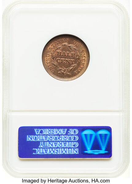 image for: 1856 1/2 C C-1, B-2a, R.1, MS63 Red and Brown NGC. CAC. Housed in a Generation 6 fatty holder. NGC Census: (19/26). CAC Pop...