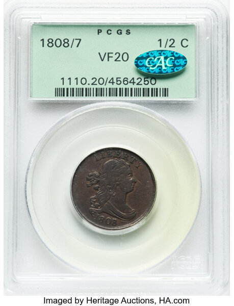 image for: 1808/7 1/2 C C-2, B-2, R.3, VF20 PCGS. CAC. Housed in a Generation 3.1 green holder. PCGS Population: (16/29). CAC Populati...