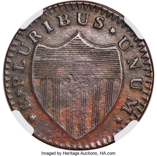 image for: 1786 New Jersey Copper, Bridle, Wide Shield, M. 18-M, W-4890, R.2, AU53 NGC....