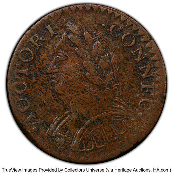 image for: 1787 Connecticut Copper, Mail Bust Left, Laughing Head, M. 6.1-M, W-2820, R.1, XF45 PCGS. PCGS Population: (8/24 and 0/1+)....