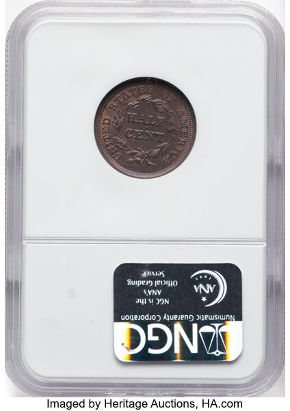 image for: 1857 1/2 C C-1, B-1, R.2, MS64 Brown NGC. NGC Census: (86/16).  Mintage 35,180. ...