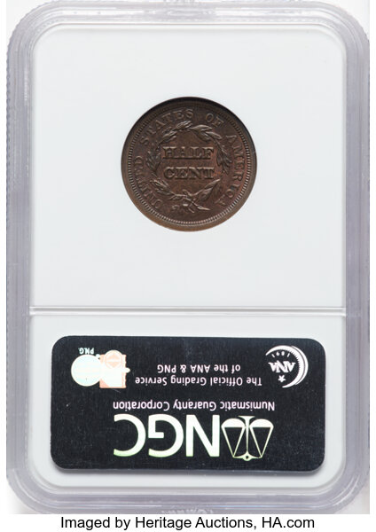 image for: 1851 1/2 C C-1, B-1, R.1, MS62 Brown NGC.  Mintage 147,672. ...