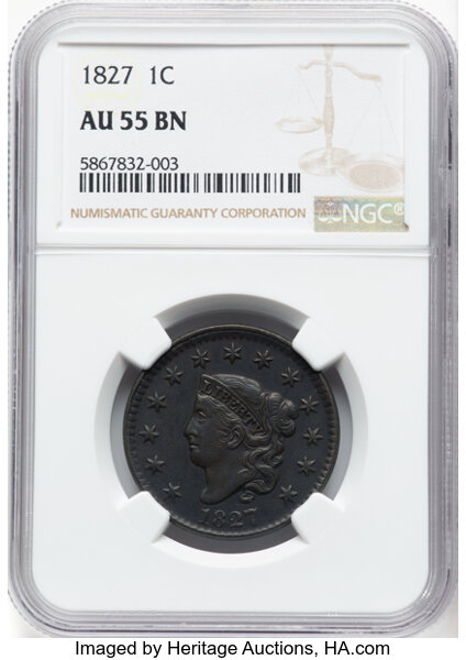 image for: 1827 1C N-11, R.1, AU55 NGC. NGC Census: (20/51).  Mintage 2,357,732....